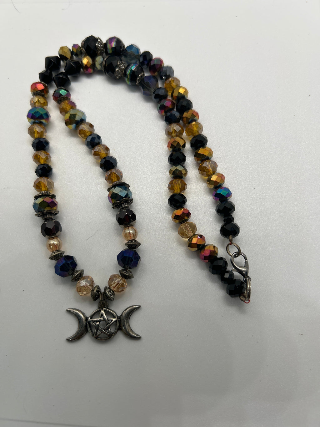 Triple Moon Pentagram Crystal Beaded Necklace – OOAK Witchy Pagan Jewelry