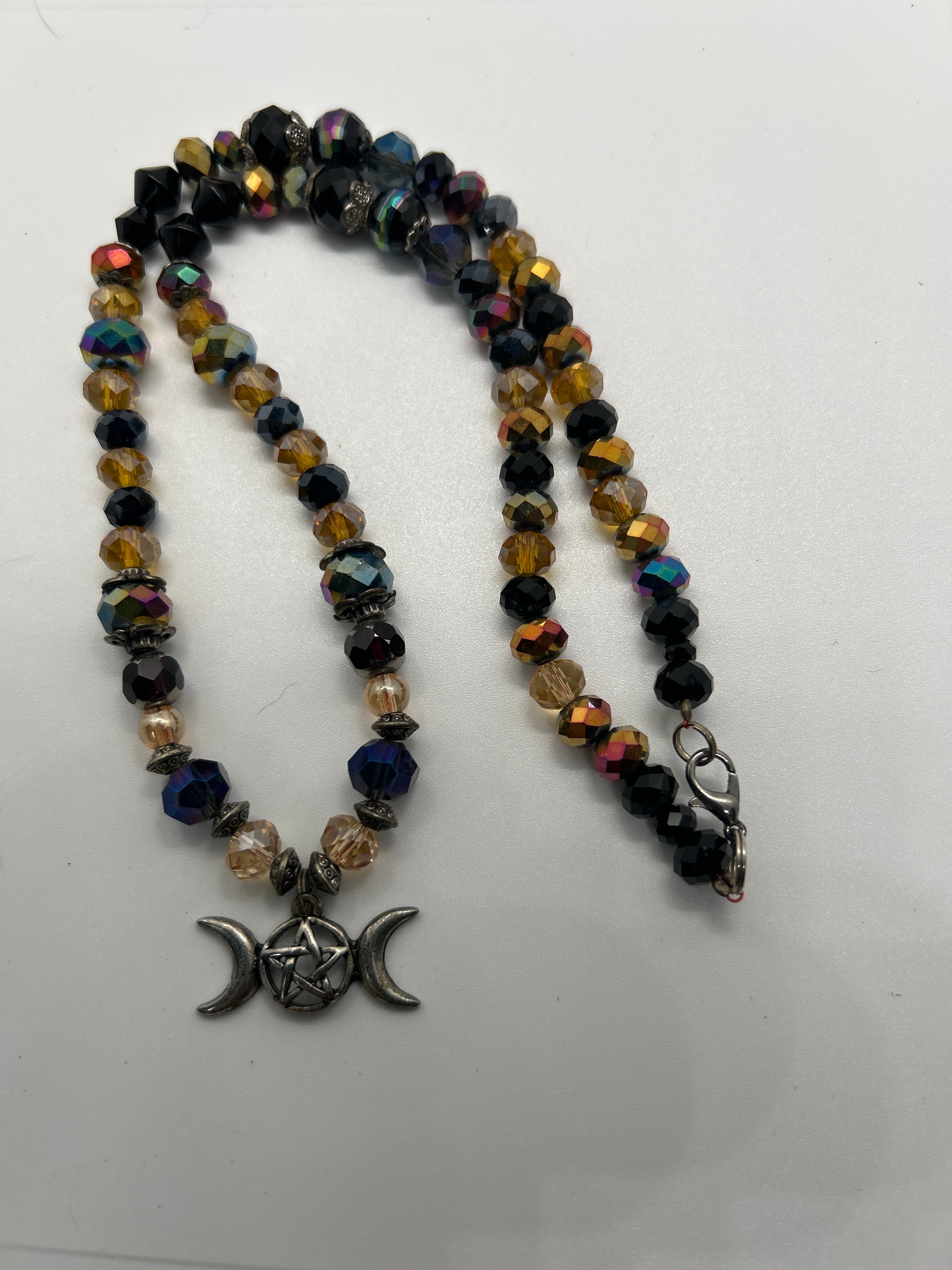 Triple Moon Pentagram Crystal Beaded Necklace – OOAK Witchy Pagan Jewelry