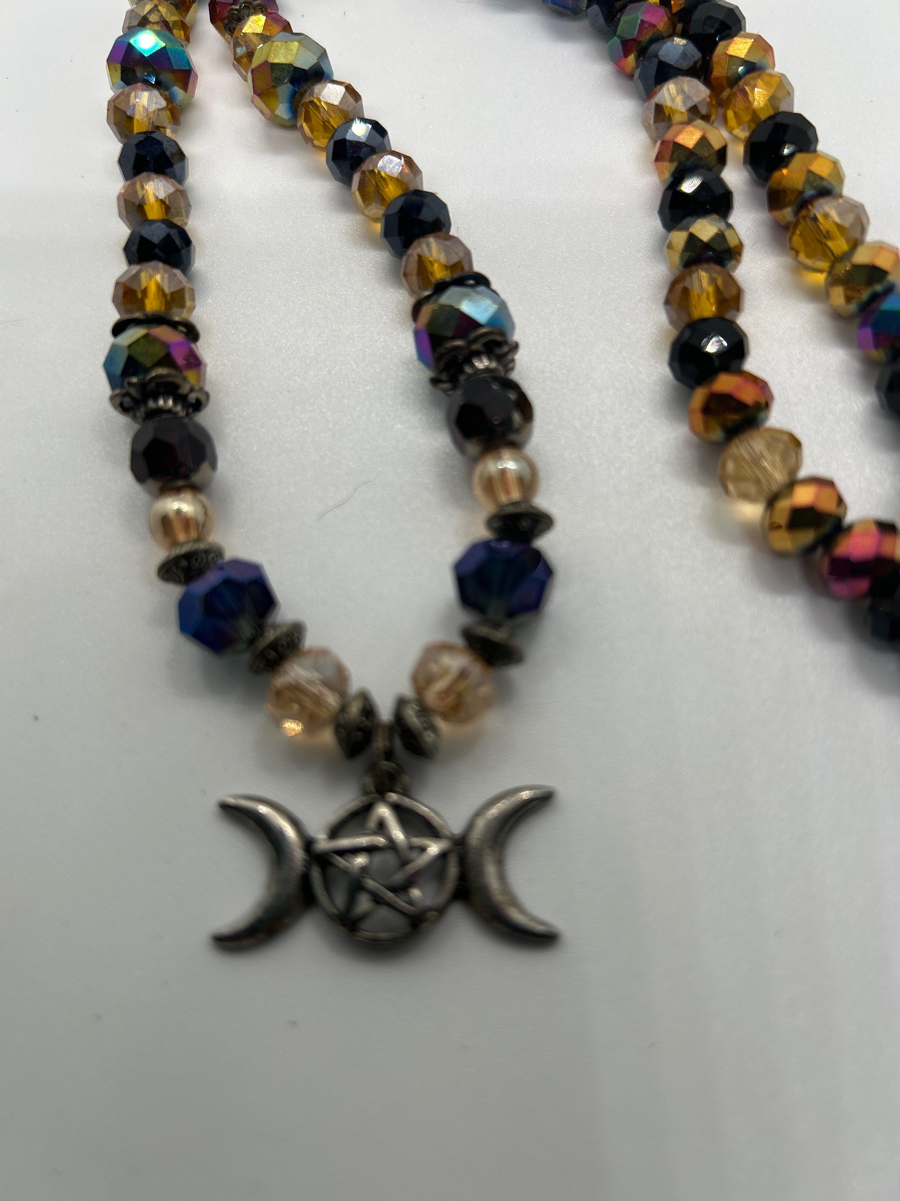 Triple Moon Pentagram Crystal Beaded Necklace – OOAK Witchy Pagan Jewelry