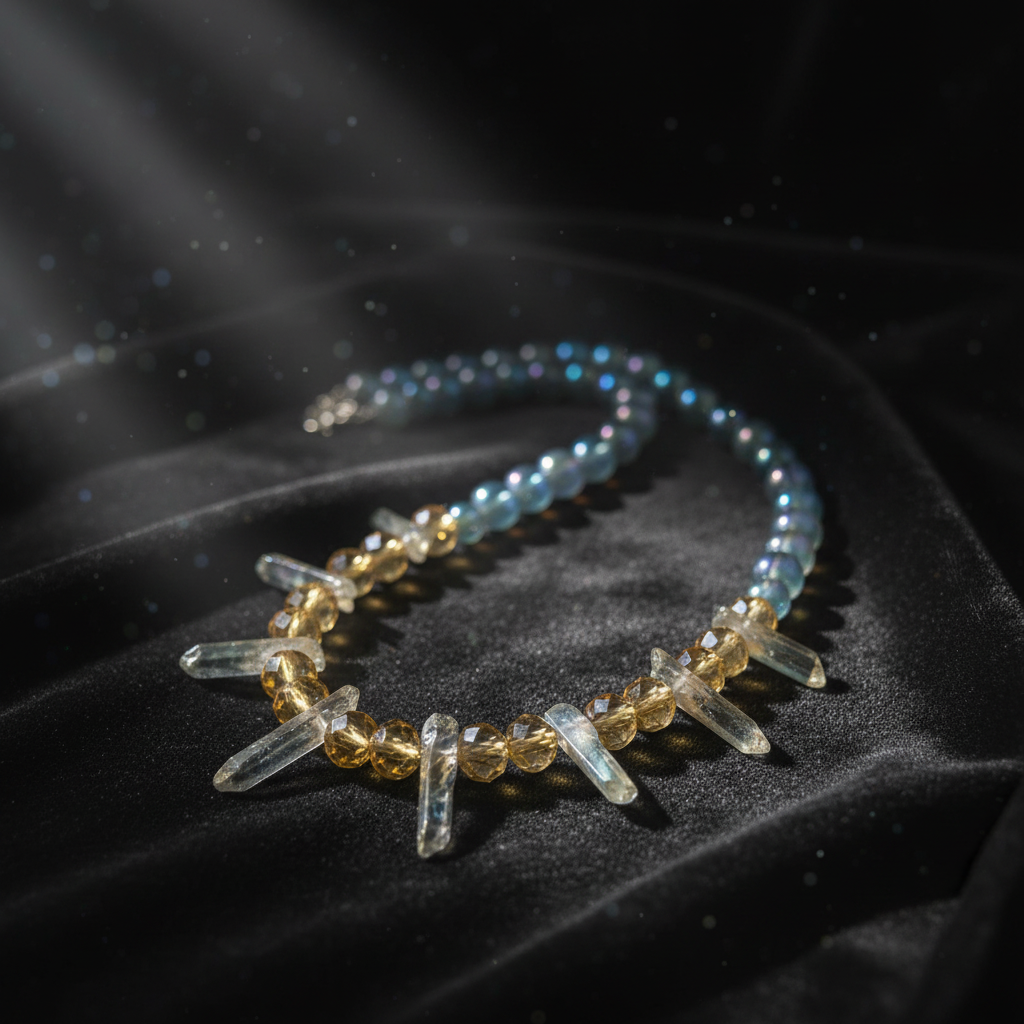 Crystal ball and quartz point statement necklace on a dark moody mystical background