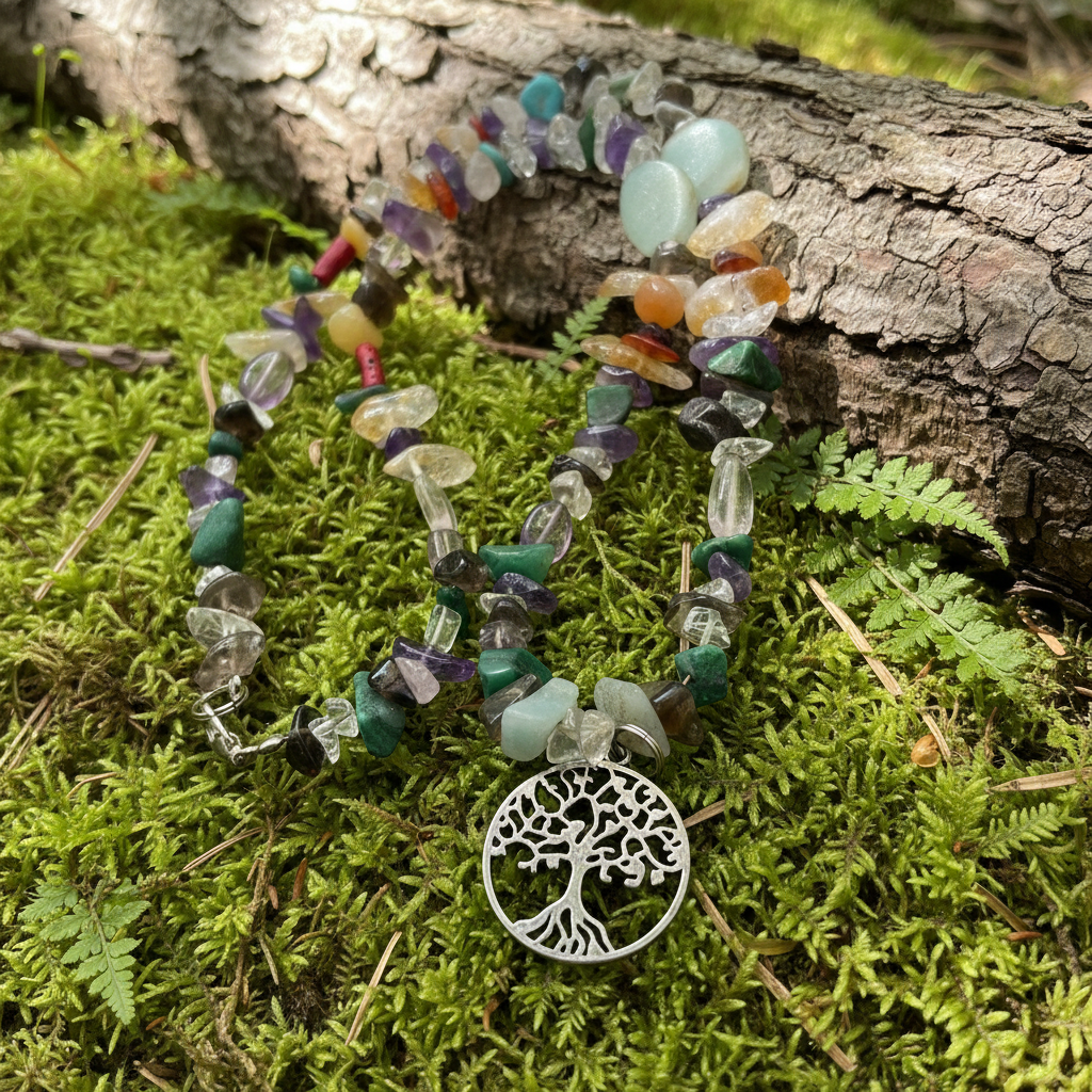 Tree of life multi-gemstone necklace close-up on pendant on woodsy nature background