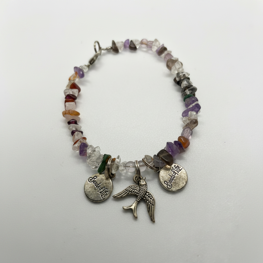 Sparrow and Seeds of Life gemstone chip bracelet alternate angle on clean white background