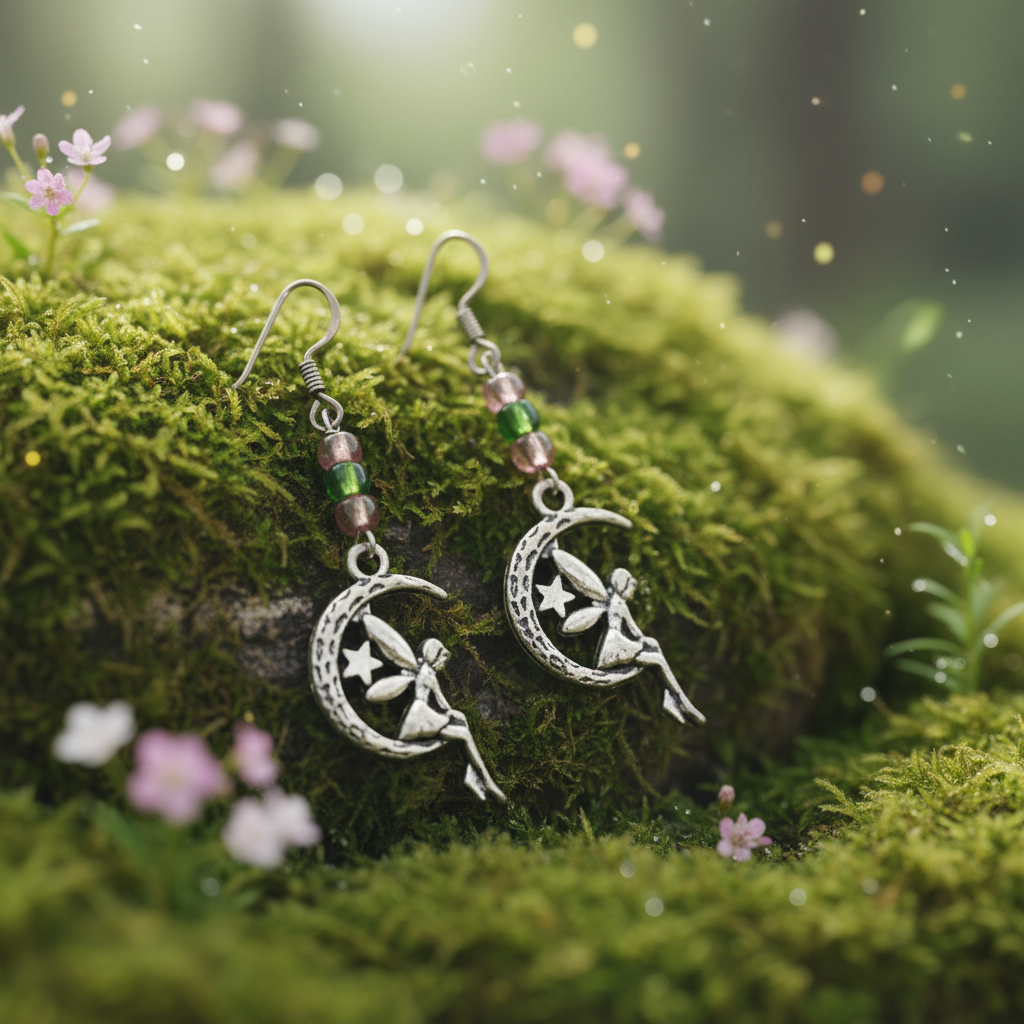 Fairy sprite crescent moon dangle earrings with green and pink beads on a magical woodsy enchanted forest background