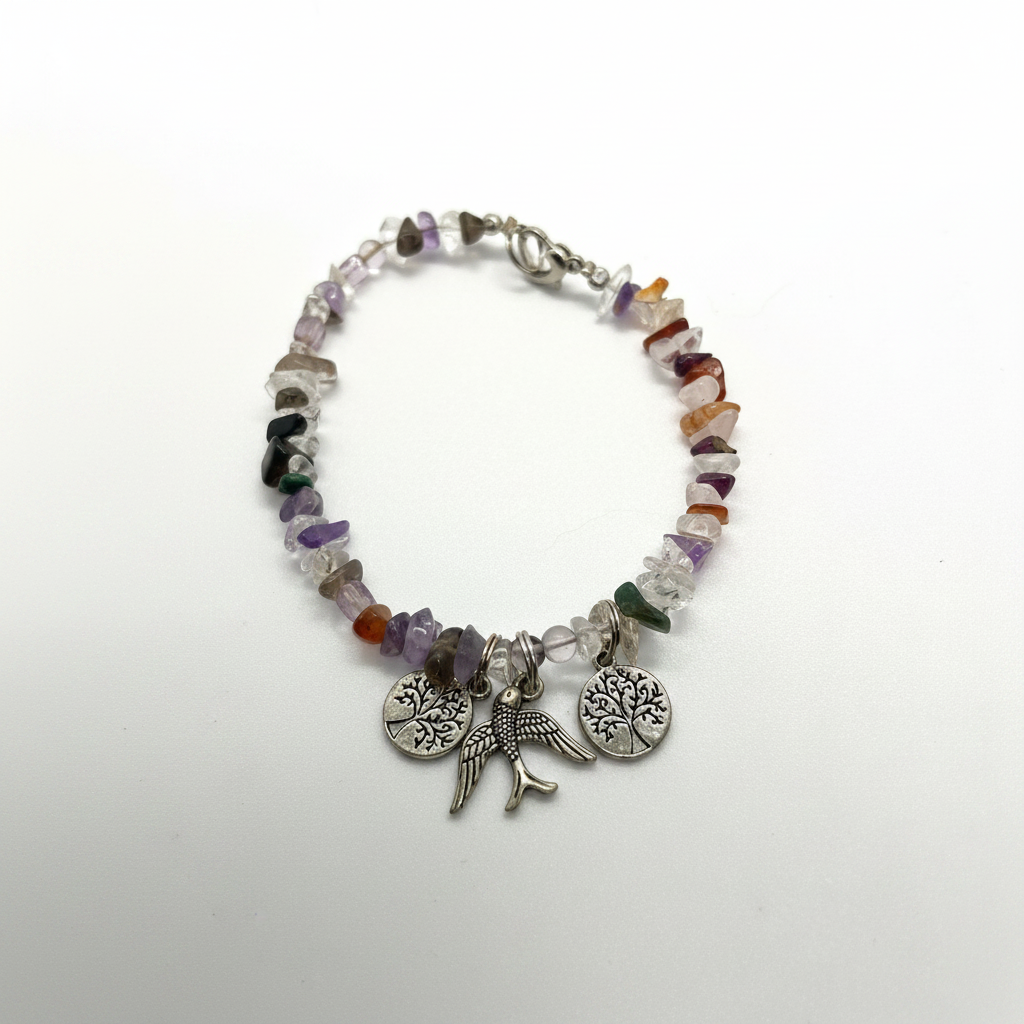 Sparrow and tree of life gemstone chip bracelet on clean white background