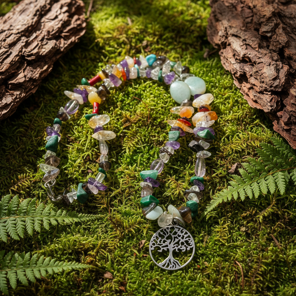 Tree of life multi-gemstone necklace full layout on woodsy nature background with moss and ferns