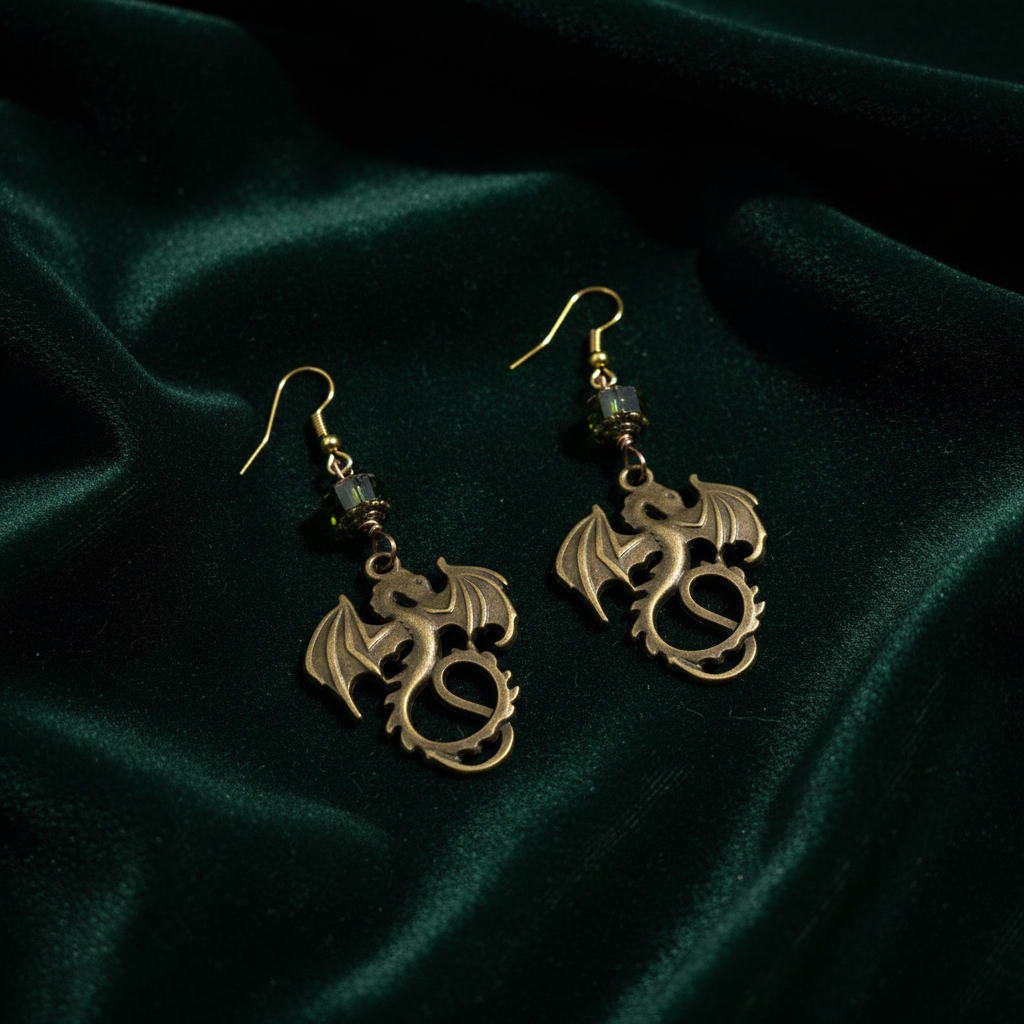 Pressed brass dragon earrings with green glass cathedral beads on dark velvet