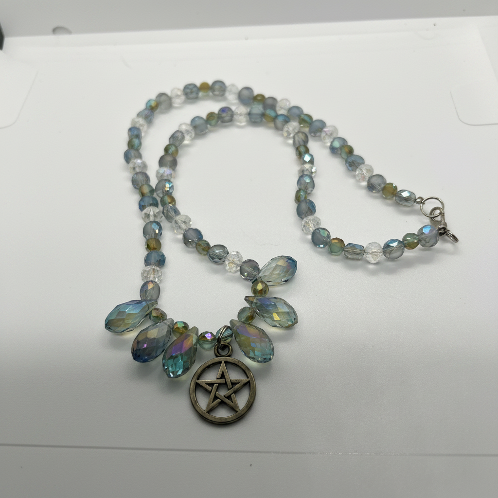 Iridescent crystal pentagram statement necklace full layout on white background