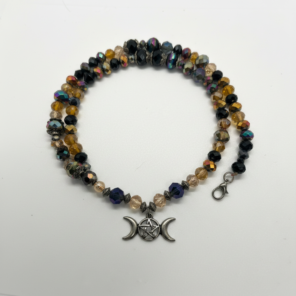 Triple moon pentagram crystal beaded necklace full layout on white studio background