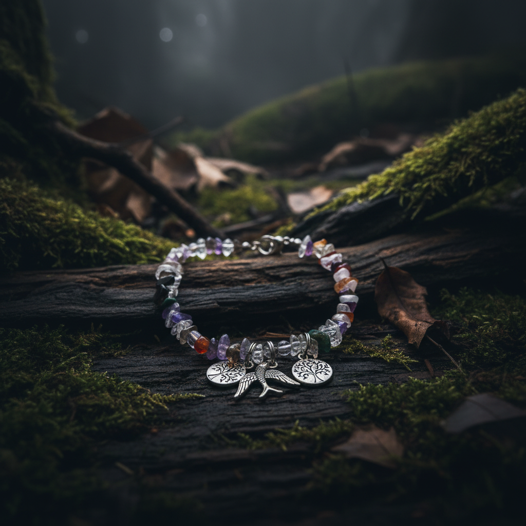 Sparrow and tree of life gemstone chip bracelet on dark moody woodland background with moss and forest shadows