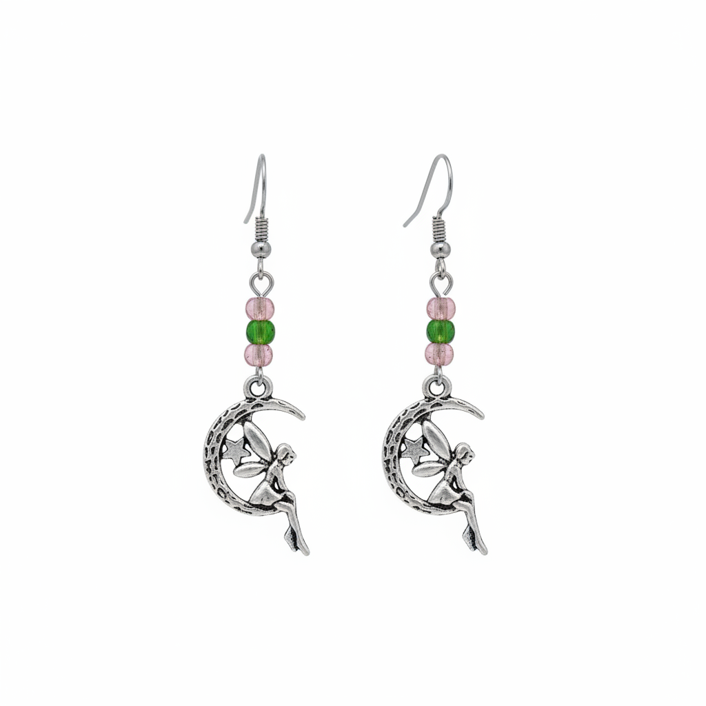 Fairy sprite crescent moon dangle earrings with green and pink beads on a clean white background