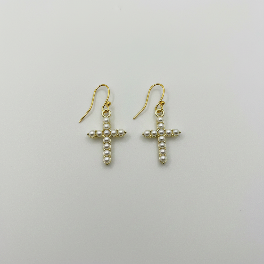 Delicate Pearl Cross Dangle Earrings – Handmade Cottagecore Jewelry