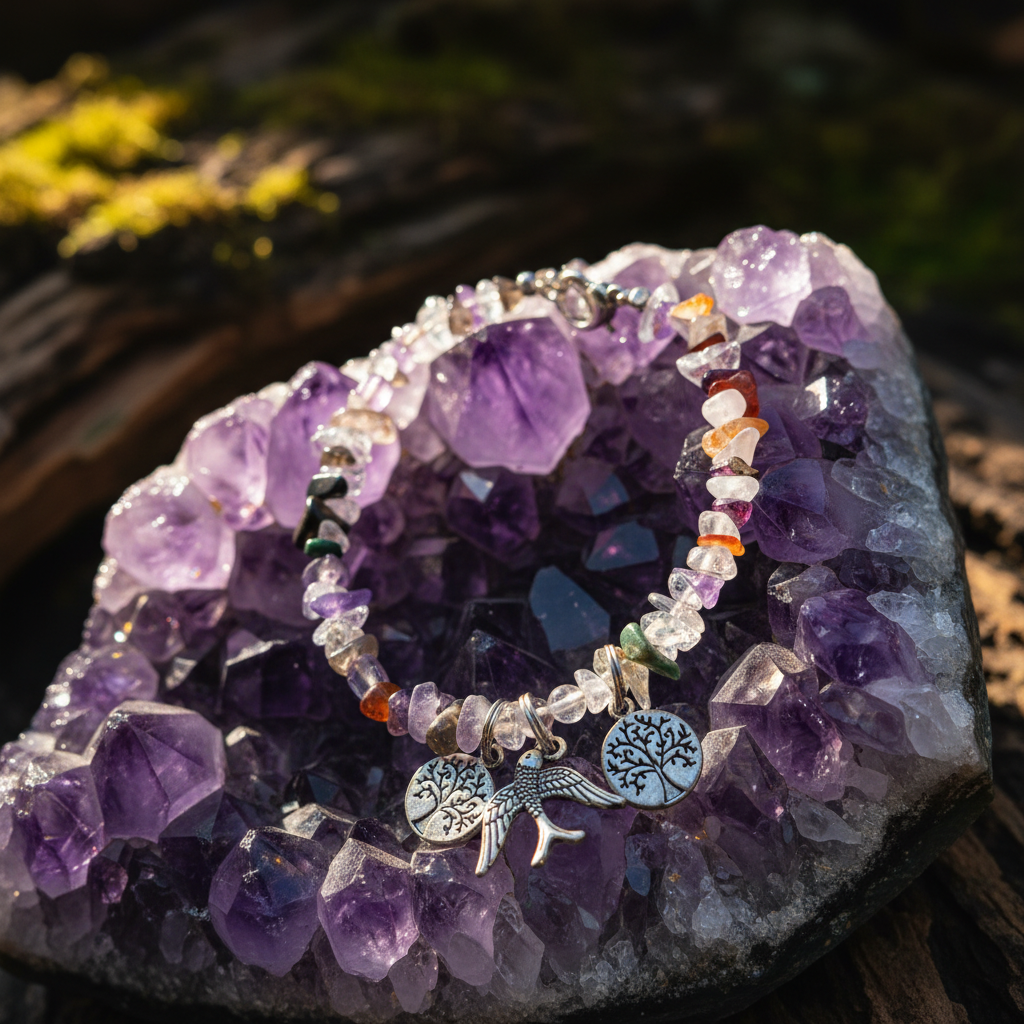 Sparrow and tree of life gemstone chip bracelet resting on a raw amethyst and quartz crystal cluster