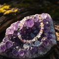 Sparrow and tree of life gemstone chip bracelet resting on a raw amethyst and quartz crystal cluster