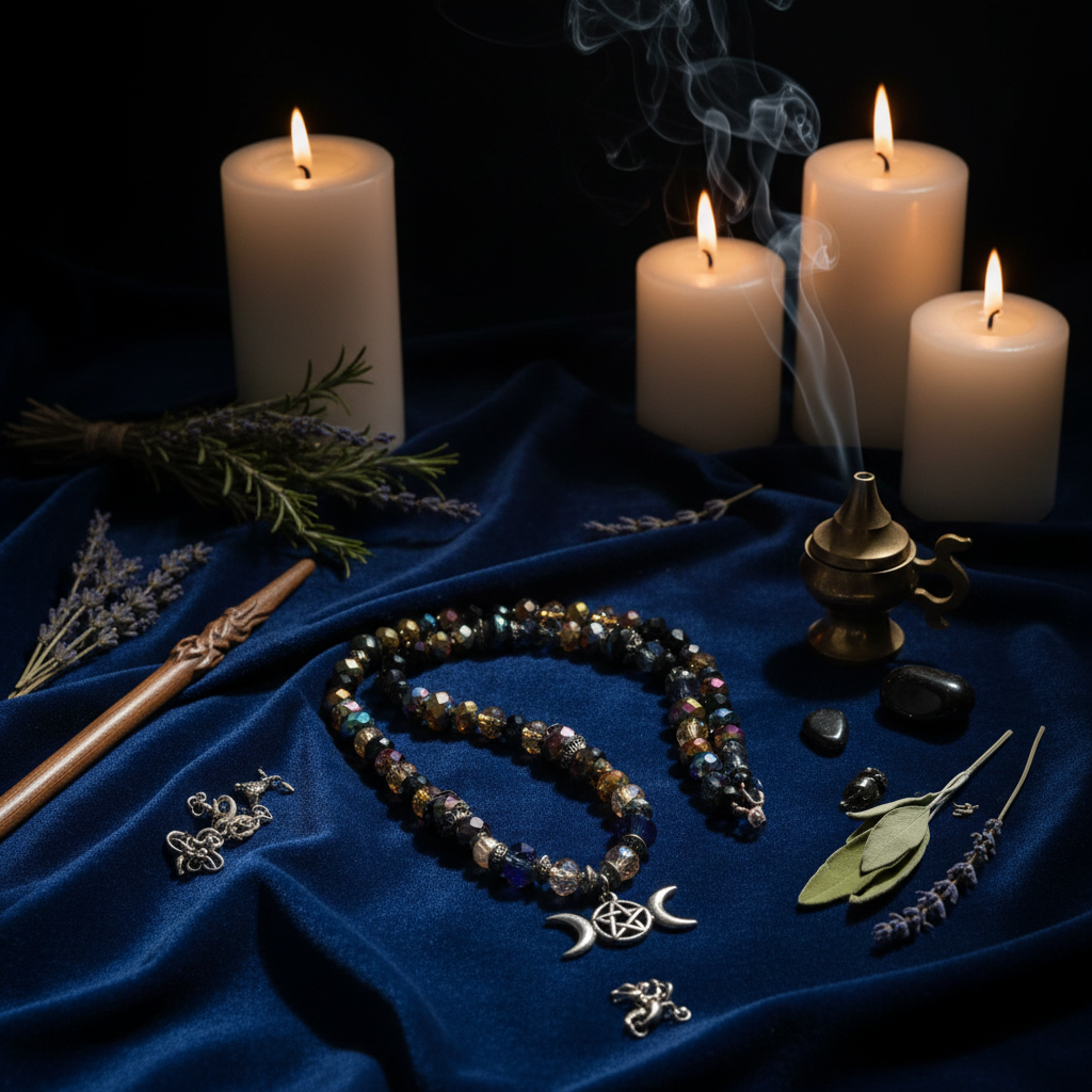 Triple Moon Pentagram Crystal Beaded Necklace – OOAK Witchy Pagan Jewelry
