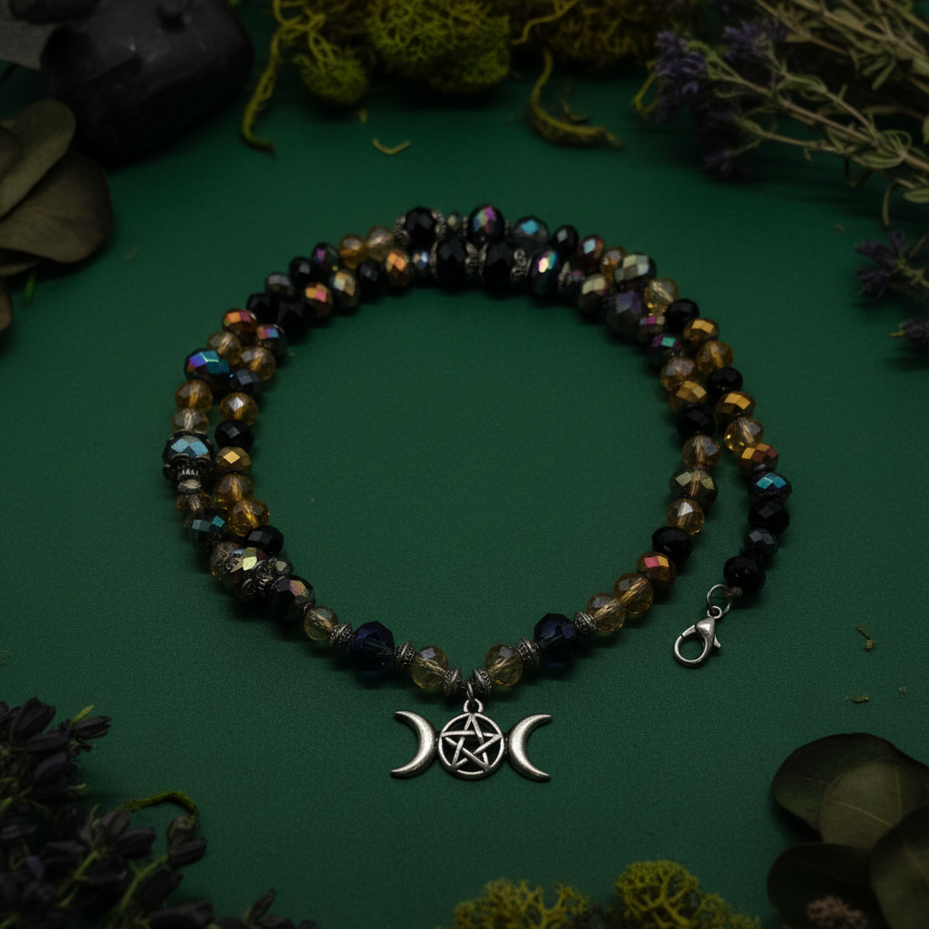 Triple moon pentagram crystal beaded necklace as focal point against deep rich green witchy background with botanical elements